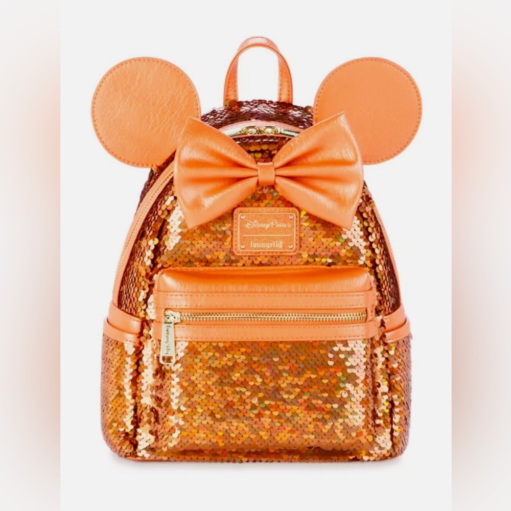 2024 DISNEY PARKS LOUNGEFLY MINNIE MOUSE PEACH PUNCH SEQUINED MINI BACKPACK